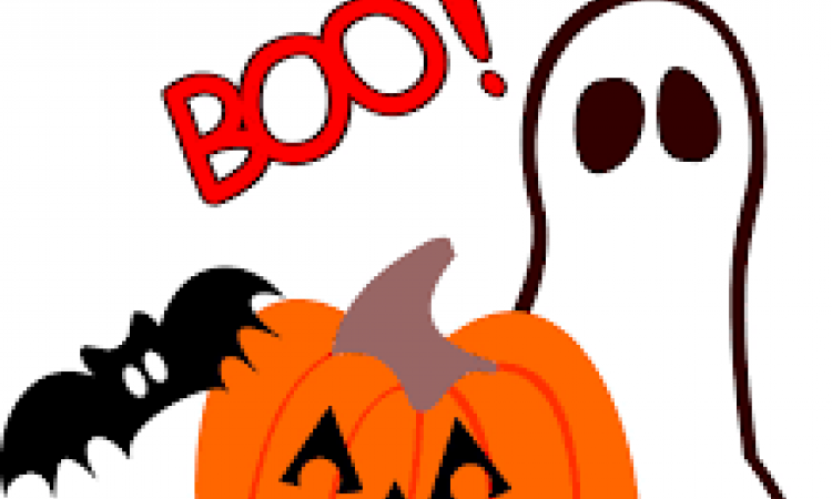 A ghost, two bats and a carved pumpkin with the word "boo" written on top