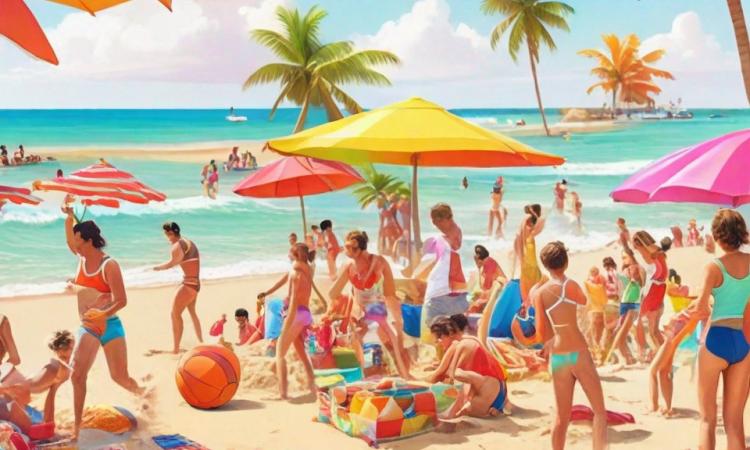 people at the beach with umbrellas and palm trees
